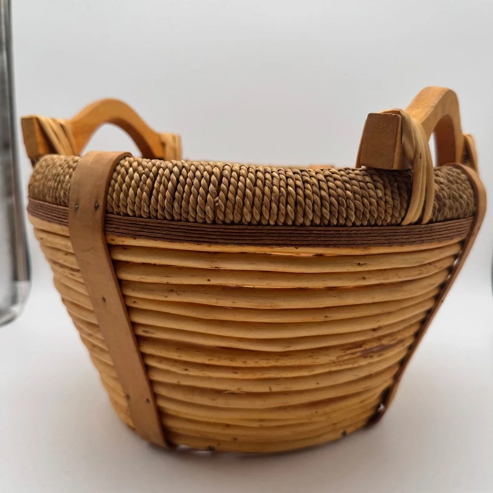 Vintage Woven Gathering Basket Wood Handles Split Reed Jute Rope Rim 11